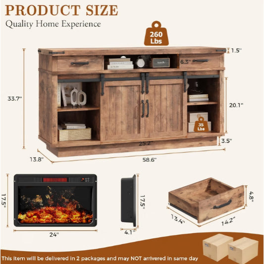 58" Farmhouse TV Stand for TVs up to 65", Entertainment Center with 2 Large Storage Drawers