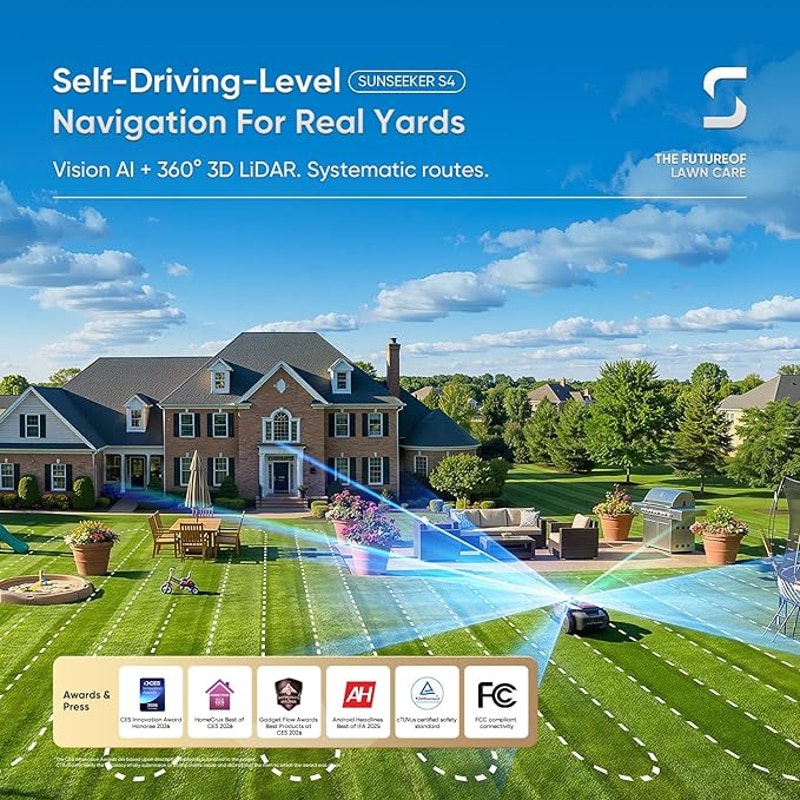 Sunseeker S4 LiDAR Robot Lawn Mower for Up to 0.25 Acre (1000 m²), Vision AI + 360° 3D LiDAR GPS