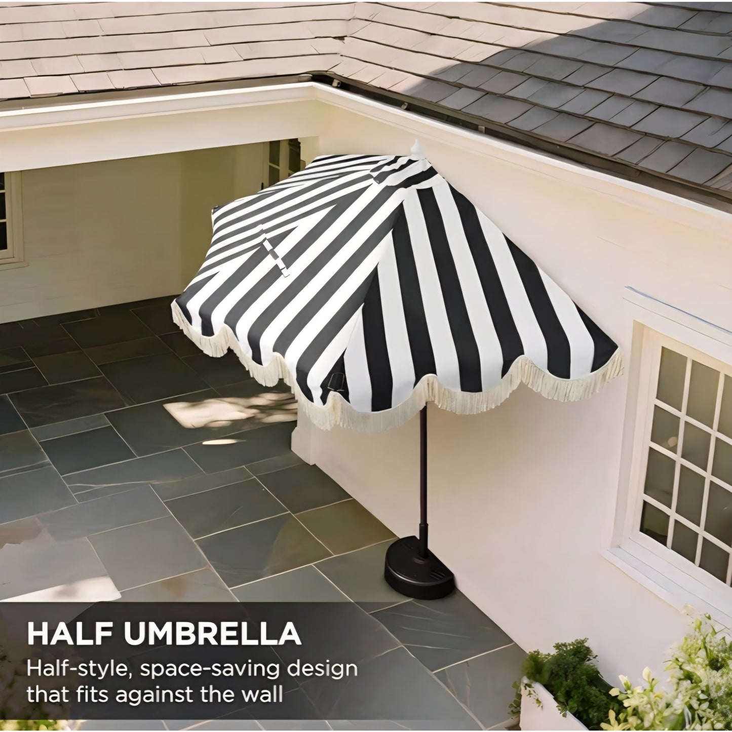 Half Umbrella UMB1201H Beverly 9 ft. Designer Classic Scalloped Fringe Market Patio with Crank