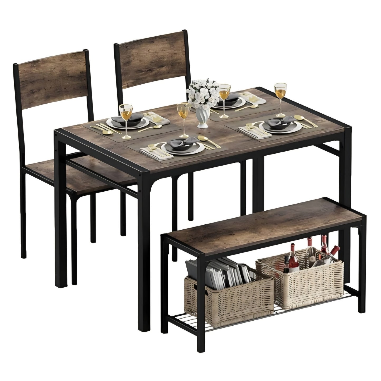 Rustic Industrial Dining Set- Table+ Bench+ 2 Chairs