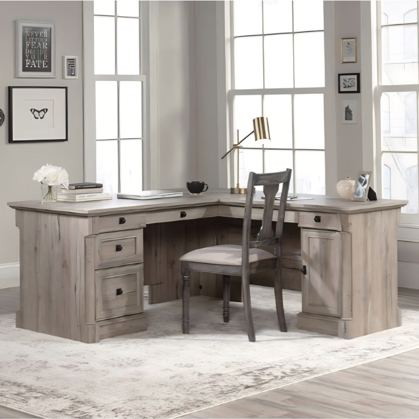Sauder Palladia L Shaped Desk with Drawers, Office Desk with File Cabinet Storage Split Oak finish