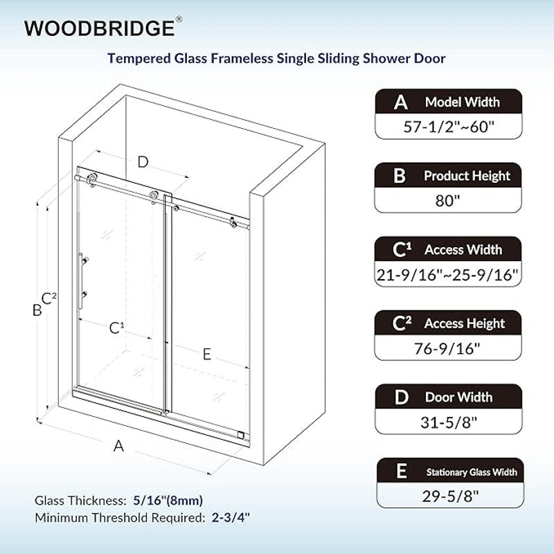 Woodbridge 57.5-60" W x 80" H Frameless Single Sliding Soft-Close Shower in Brushed Gold Finish