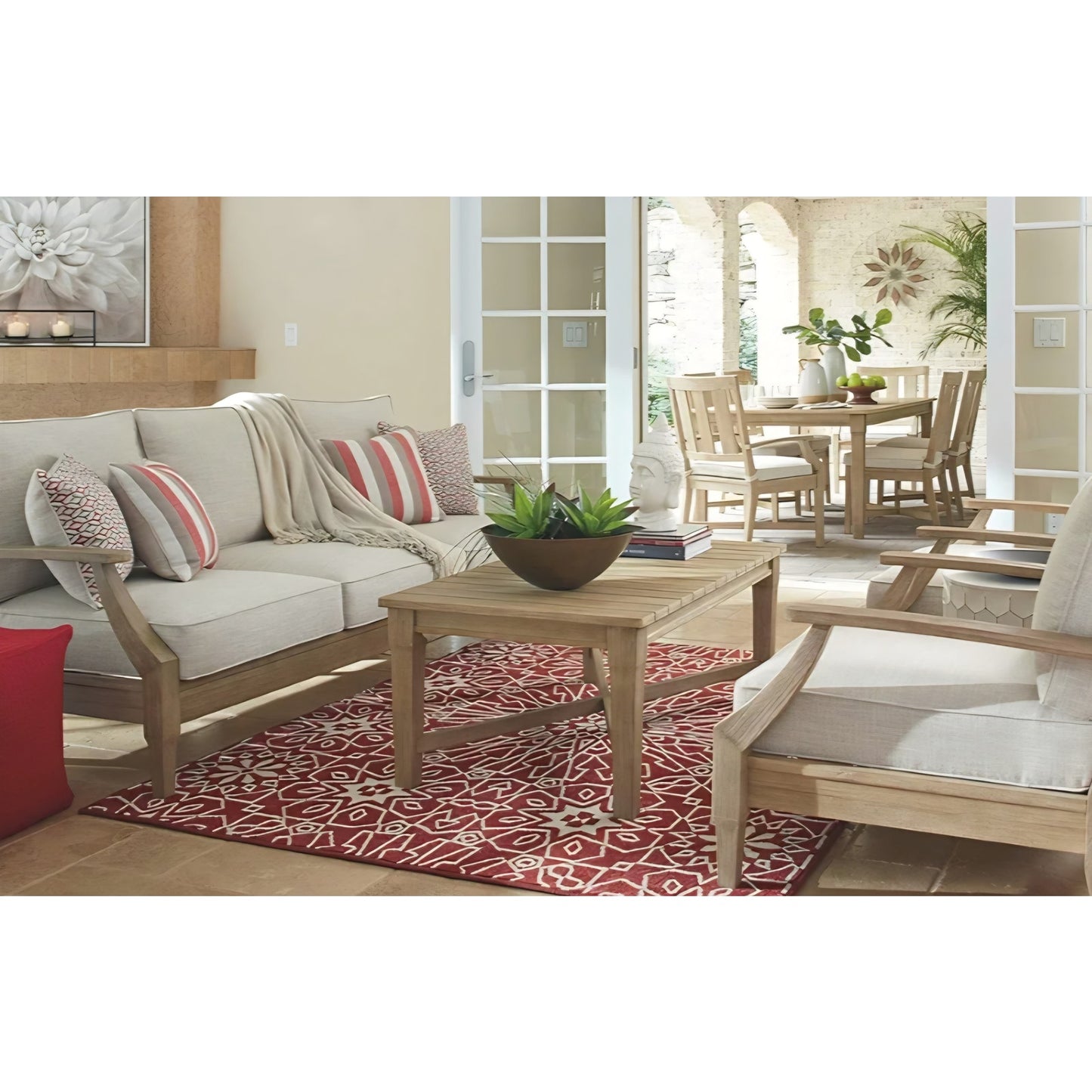 Signature Design by Ashley Clare View Coastal Outdoor Patio Eucalyptus Sofa with Cushions, Beige