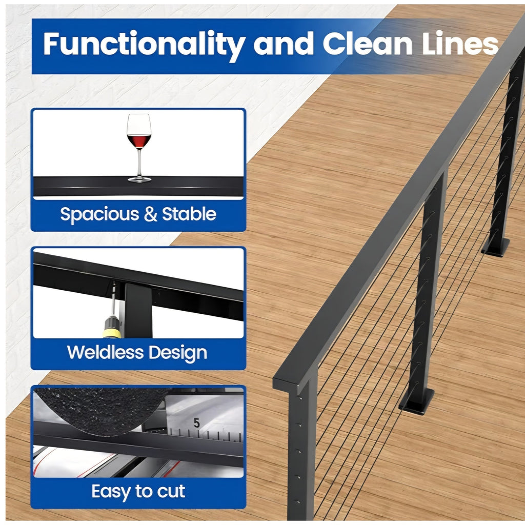 6'6" Black Cable Railing Handrail Rectangular Stainless Steel Handrail for Cable Railing System