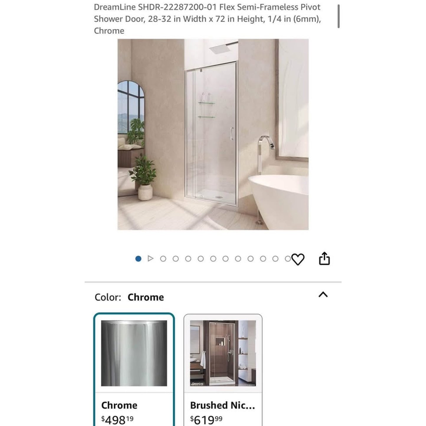 DreamLine SHDR-[hidden information] Flex Semi-Frameless Pivot Shower Door, 28-32 in Width x 72 in He