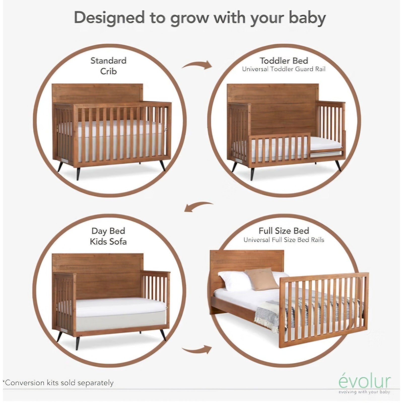 Evolur Stilnovo Mid-Century 4-in-1 Convertible Crib in Sugarcane – Greenguard Gold Certified, Solid Wood