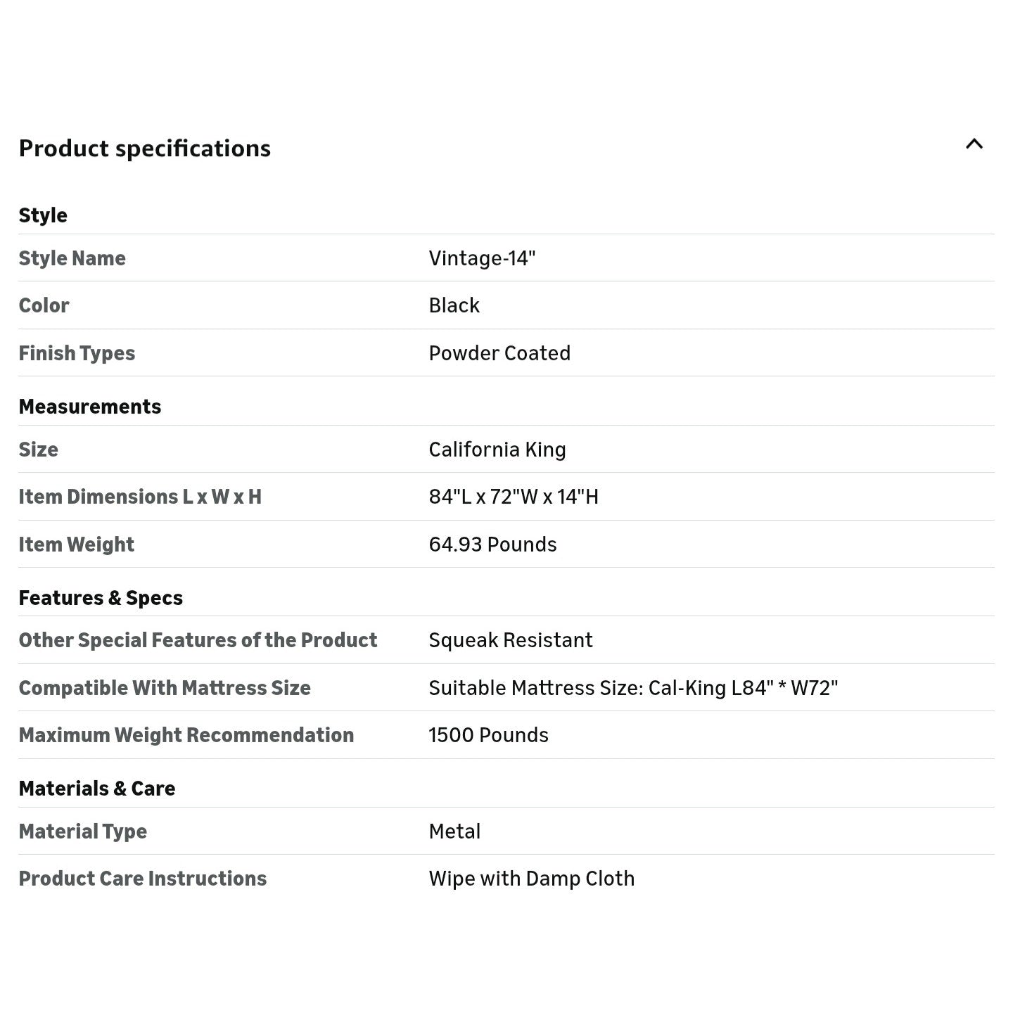 California King Size Metal Bed Frame with Metal Headboard and Footboard Cal-King Bed Frame 14 Inch