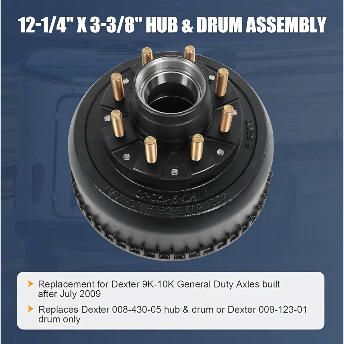 12-1/4" X 3-3/8" (12.25" X 3.375") Hub & Drum Assembly for 9,000/10,000 Lbs (9K/10K) Axle