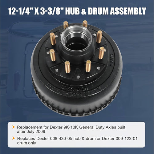 12-1/4" X 3-3/8" (12.25" X 3.375") Hub & Drum Assembly for 9,000/10,000 Lbs (9K/10K) Axle