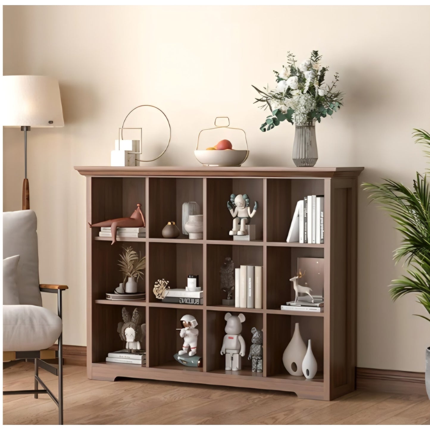 Cube Shelf Bookcase with Base - Wooden 3 Tiers Floor Standing Low Storage Cabinet for Home