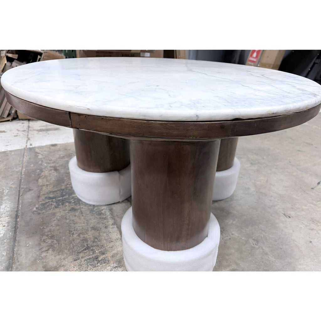 Ellison 33 Inch Round Mango Wood Coffee Table in Walnut with Marble Top