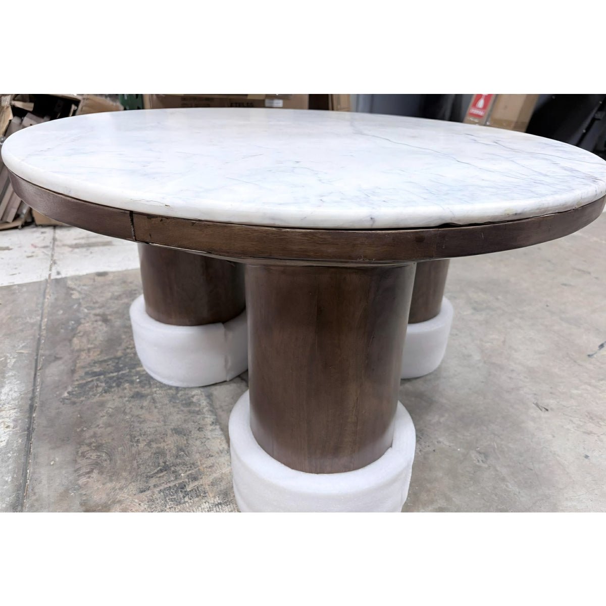 Ellison 33 Inch Round Mango Wood Coffee Table in Walnut with Marble Top