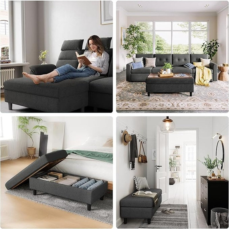 LINSY HOME 46 Inches Wide Storage Ottoman Bench, Linen Coffee Table Long Shoes Bench, Dark Gray