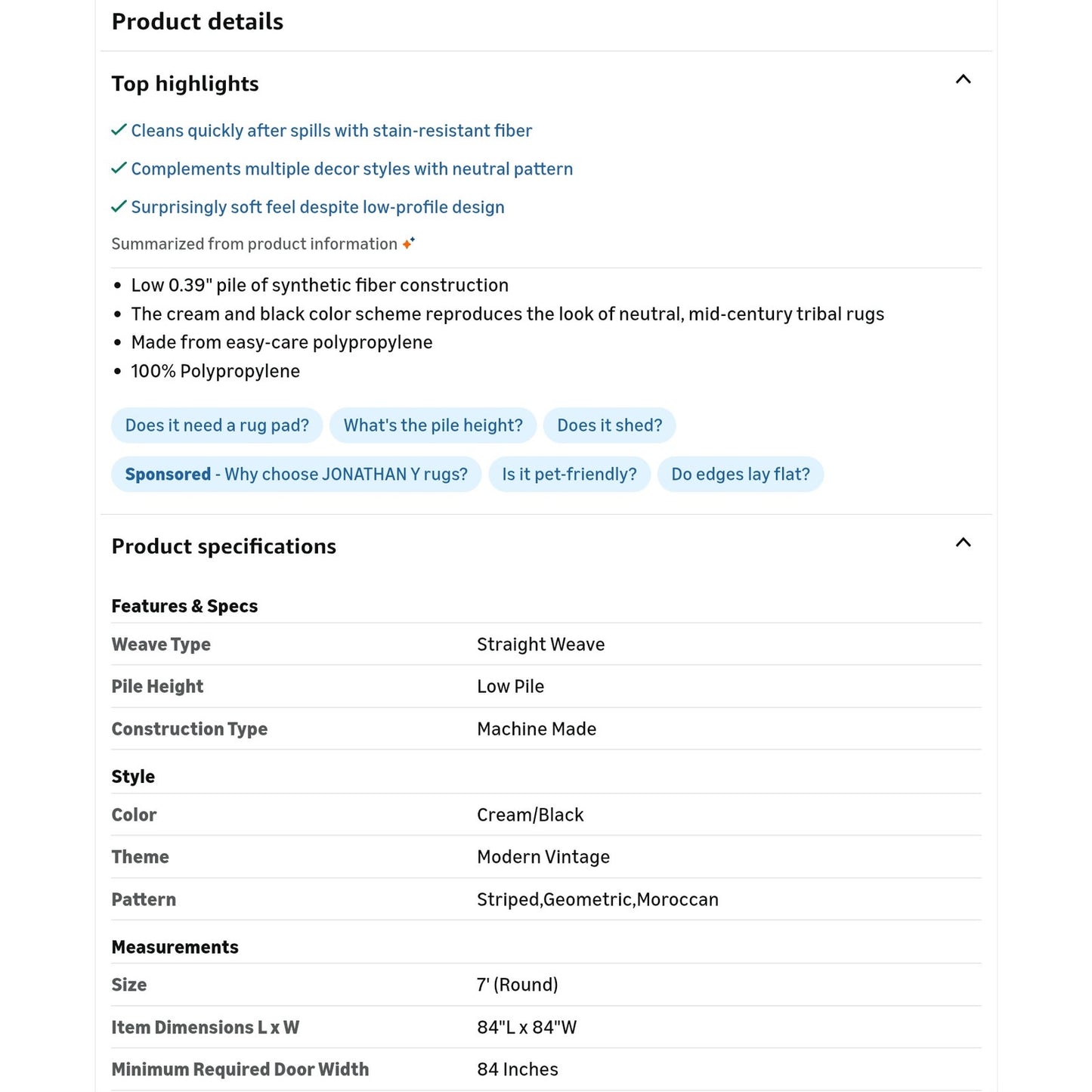 JONATHAN Y Khalil Modern Berber Stripe Cream/Black 7' Round Indoor Area Rug