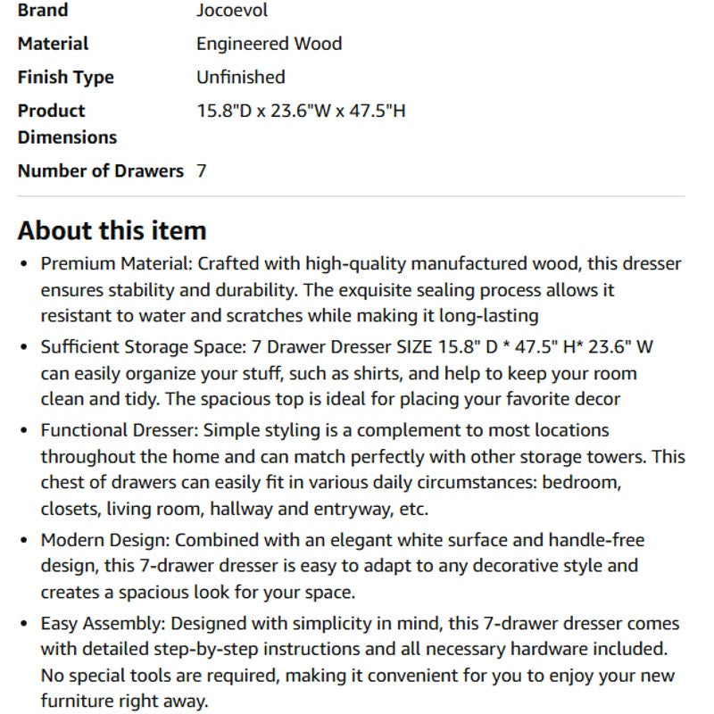 Black Tall 7 Drawer Dresser for Bedroom, Modern Wood Closet Dressers & Chests of Drawers