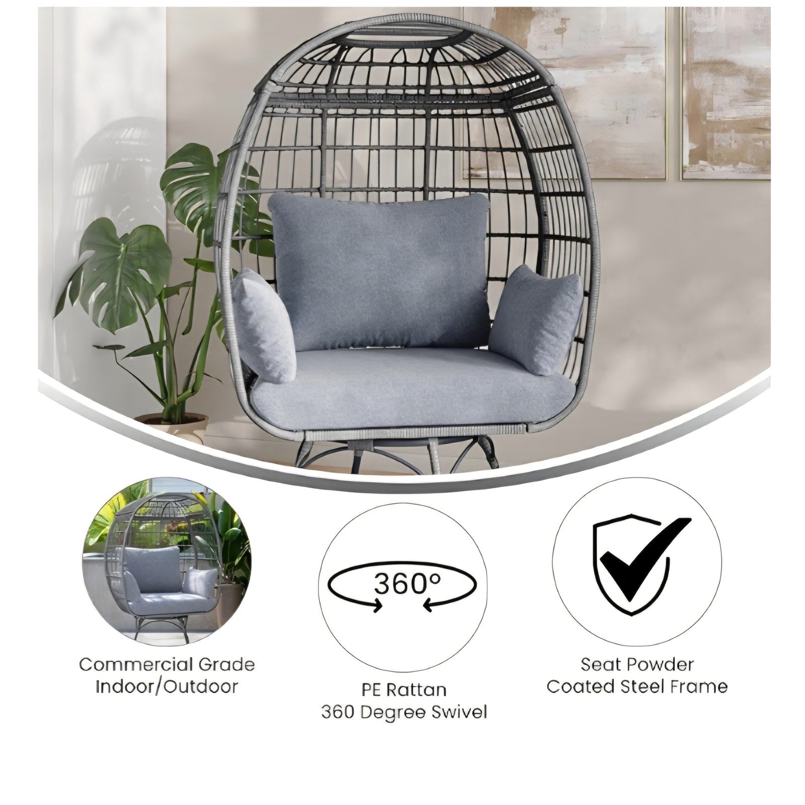 Flash Furniture Zola Commercial Indoor/Outdoor Swivel Lounge Chair, Oversized Wicker Egg Chair,
