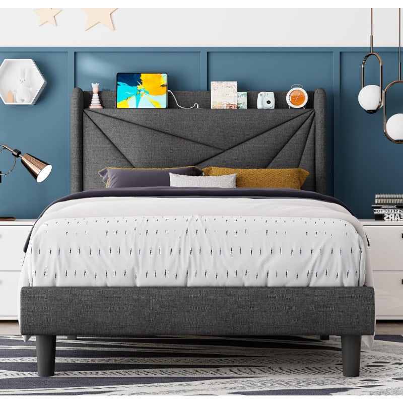 Feonase Twin Size Bed Frame with Charging Station, Upholstered Linen Platform Bed Frame