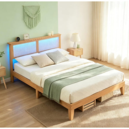 Rattan Full Bed Frame - Full Size Platform Bed Frame with Natural Rattan Headboard