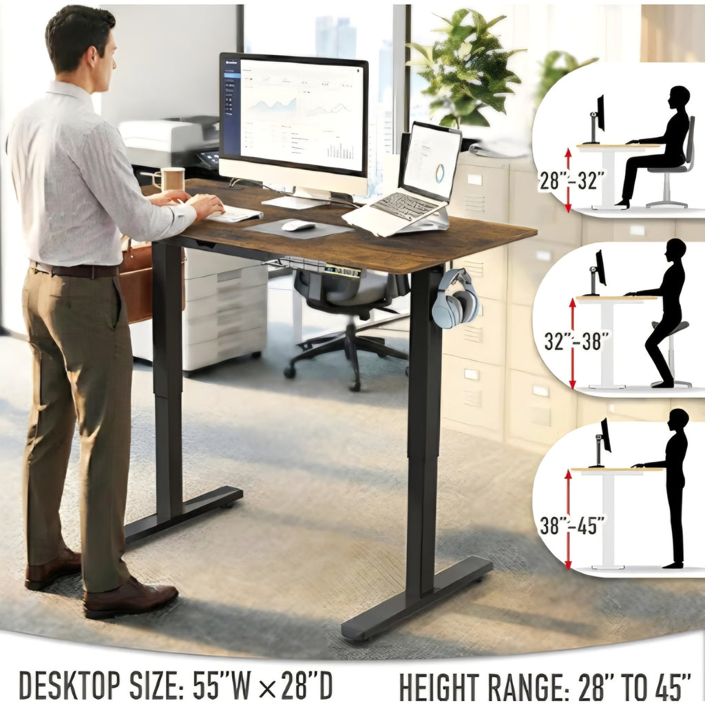 SHW 55 x 28 Inches Electric Height Adjustable Standing Desk with Drawer and Memory Preset