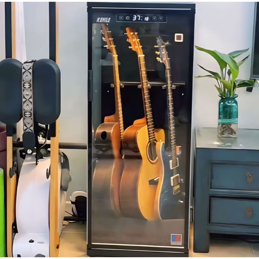 Guitar Display Case for Electric & Acoustic Guitars - Humidity Control Cabinet with Hygrometer