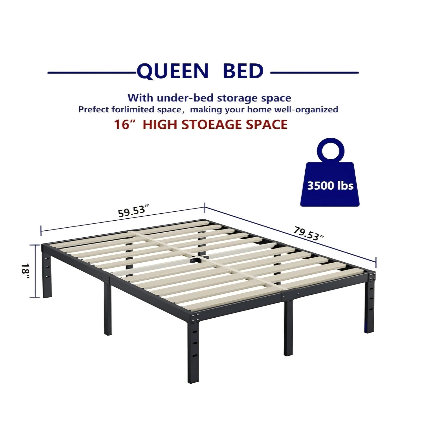 ZIYOO Queen Size Bed Frame 18 Inches Tall, 3 Inches Wide Wood Slats with 3500 Pounds Support