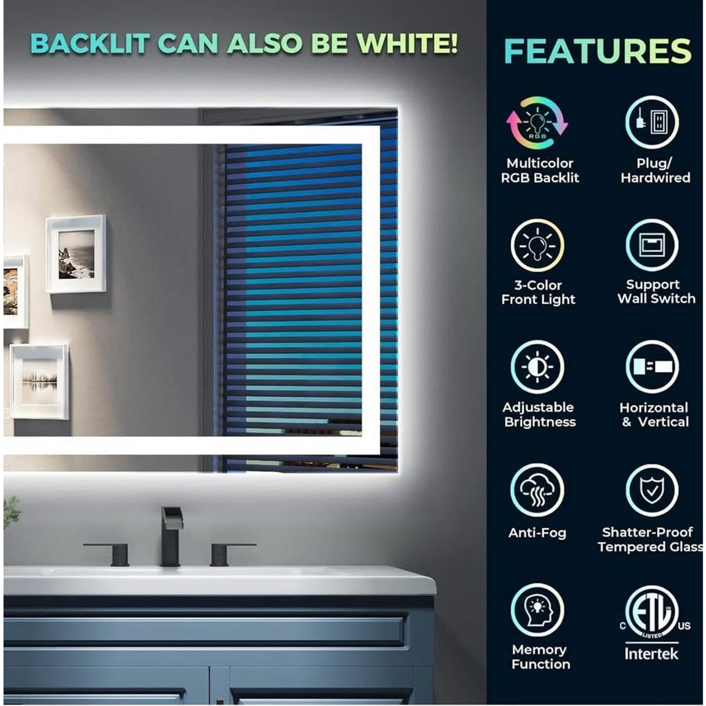 48x38 Inch RGB LED Bathroom Mirror Front Light and RGB Backlit Lighted Vanity Mirror for Bathroom Wa