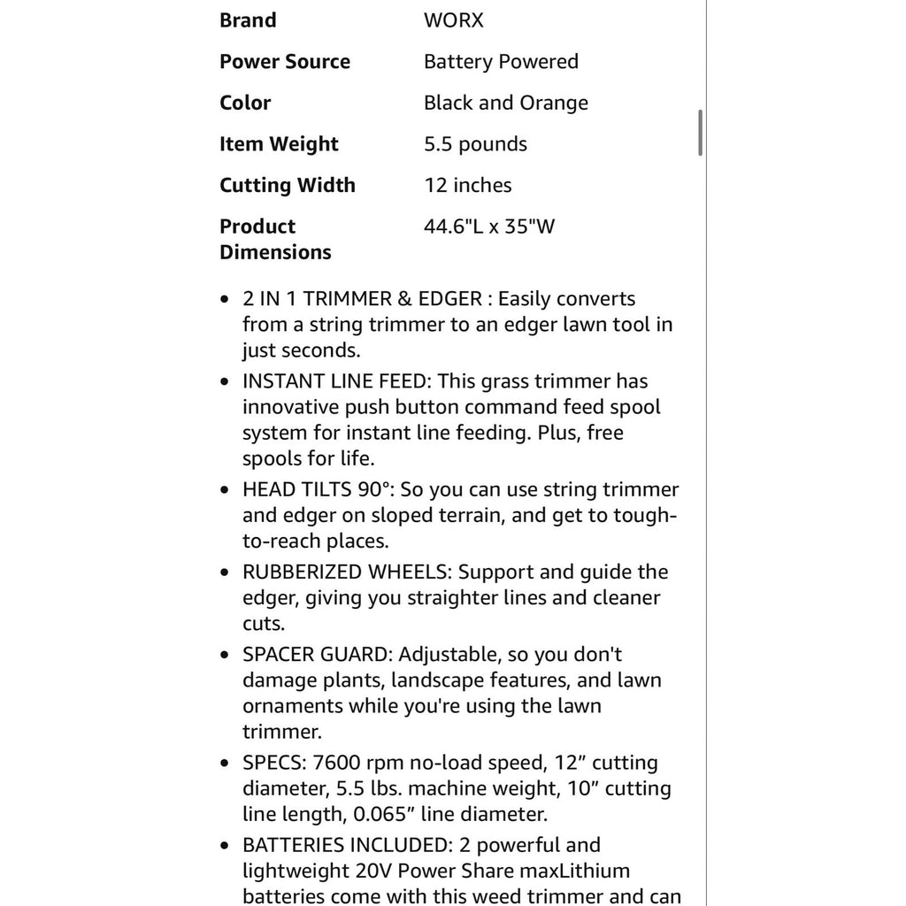 WORX 20V 12" 2-in-1 Cordless String Trimmer & Electric Lawn Edger, WG163