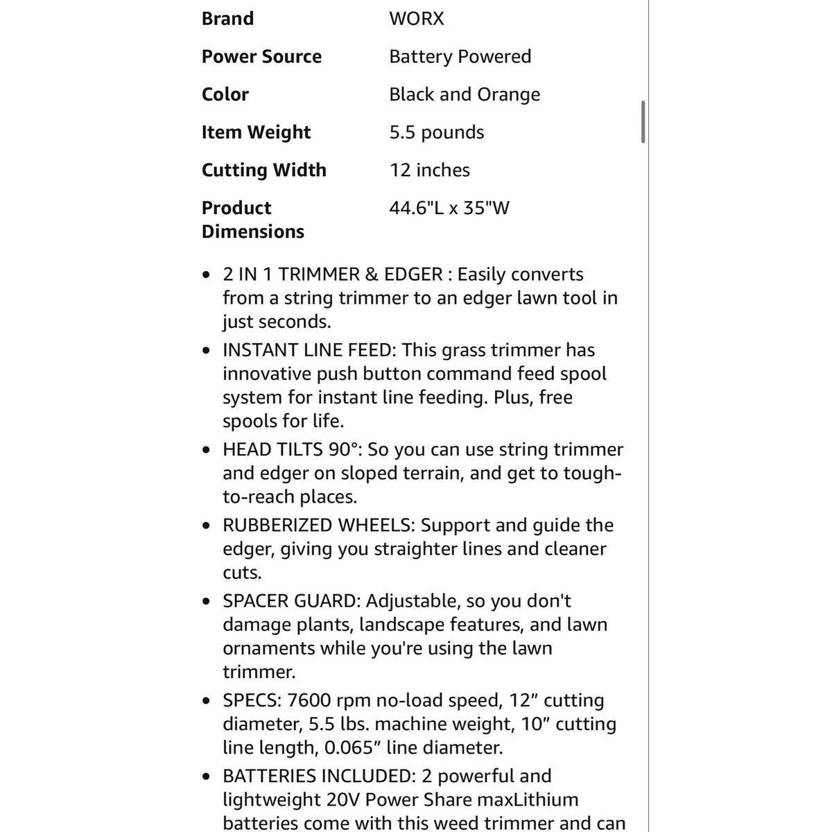 WORX 20V 12" 2-in-1 Cordless String Trimmer & Electric Lawn Edger, WG163