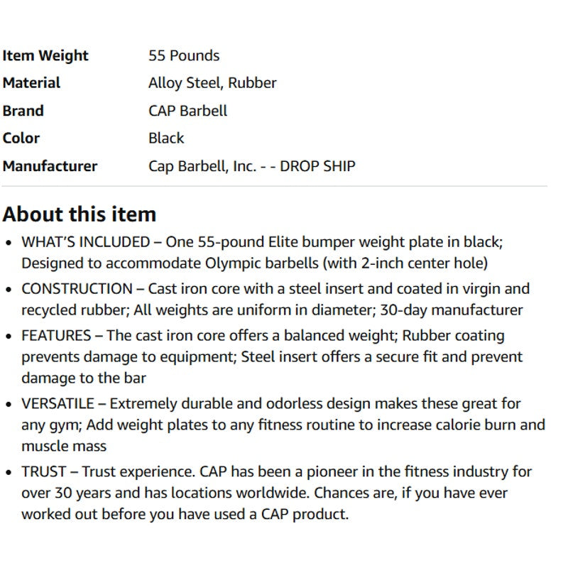 CAP Barbell Rubber Olympic Bumper Plate, 55lbs - Single, ELITE, Black