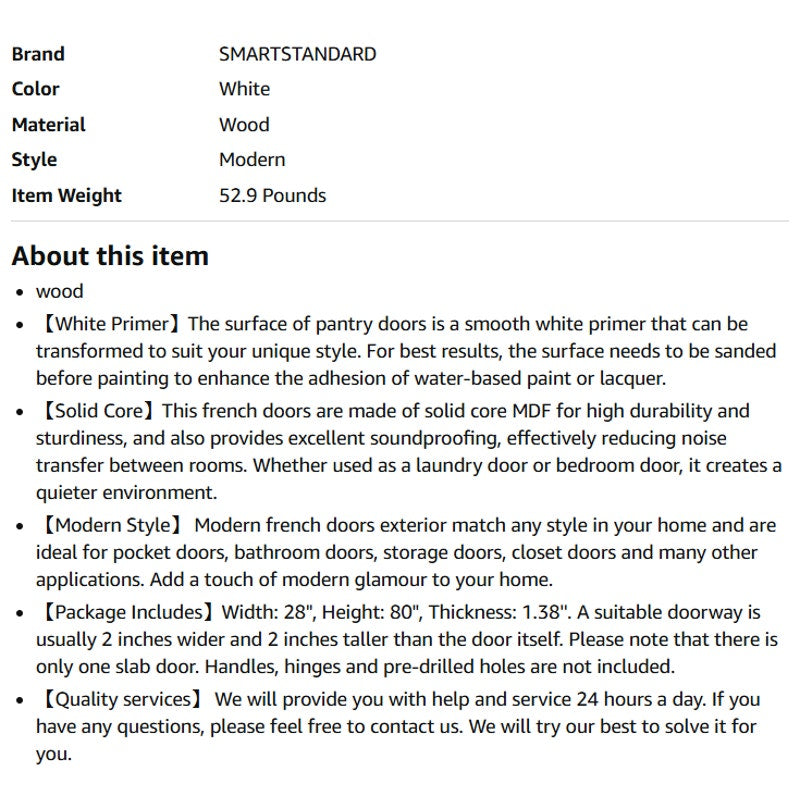 SmartStandard 28inx80in, Slab Door Solid Core French Doors Interior, White Primed, Without Hardware