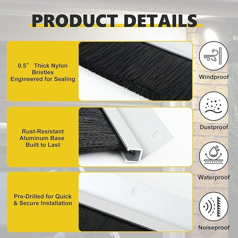 3" Garage Brush Seal Kit for Roll-up Doors 10x 8ft Heavy Duty Nylon Brush with Aluminum Track.Black