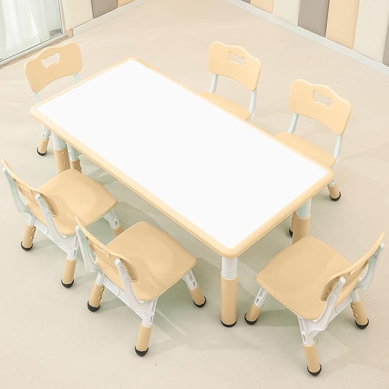 Children's Table & Chair Set Suitable, Age 2-12 Height, Adjustable Table top,  6 Seats(Wood Color)
