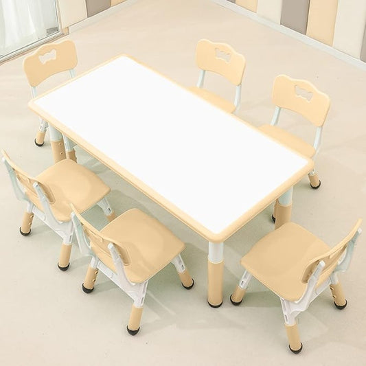Children's Table & Chair Set Suitable, Age 2-12 Height, Adjustable Table top,  6 Seats(Wood Color)