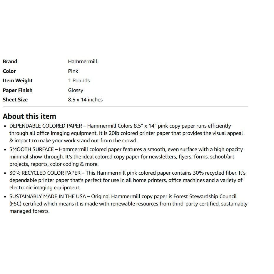 Hammermill Colored Paper, 20 lb Pink Printer Paper, 8.5 x 14-10 Ream (5,000 Sheets) 103390C