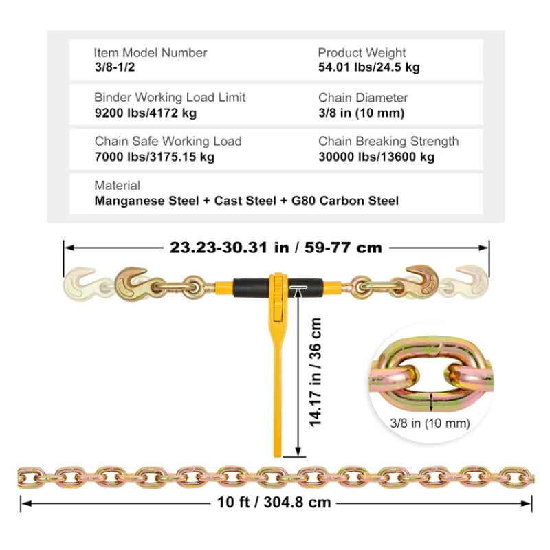 2 SET VEVOR Chain and Binder Kit, 3/8"-1/2" Ratchet Load Binders 9200 lbs Working Load Limit