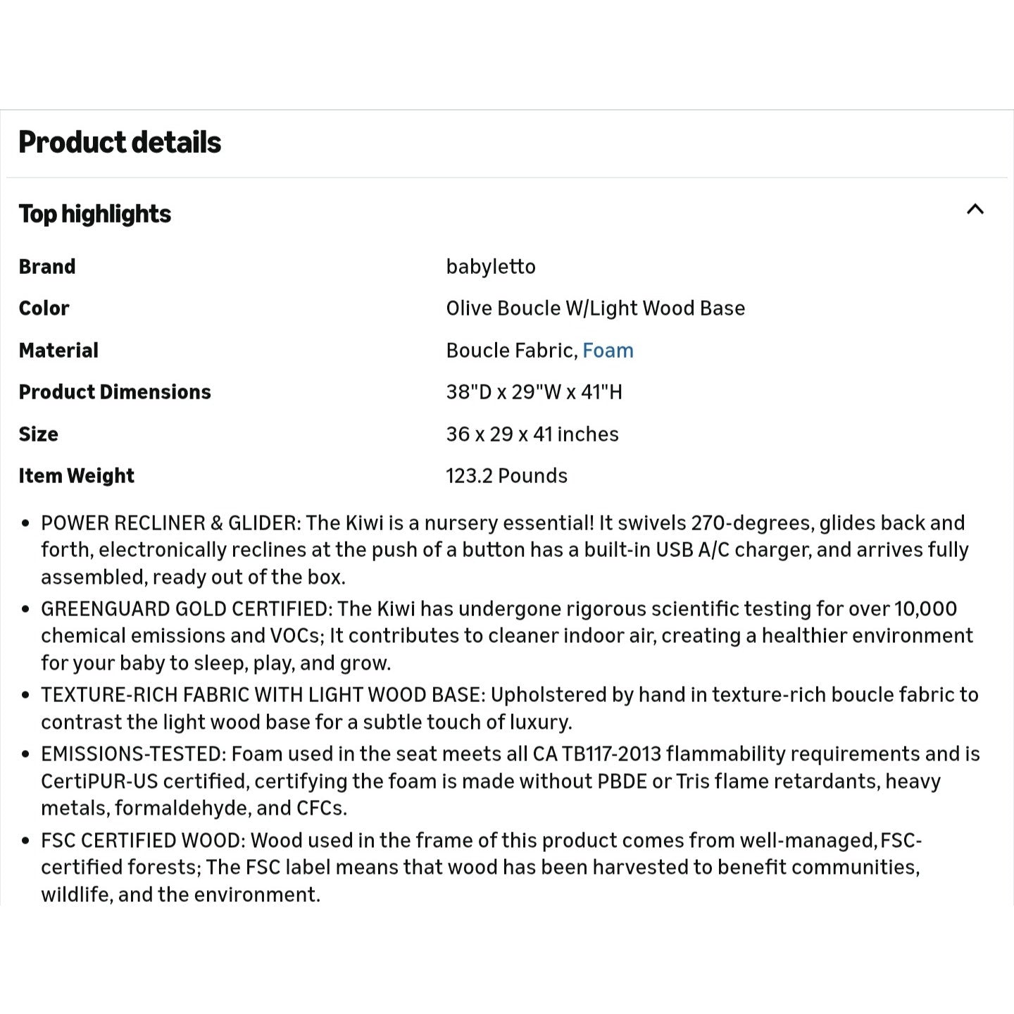 Recliner Nursery Chair w/USB Ports - GREENGUARD Gold Certified - Water & Stain 270° Swivel