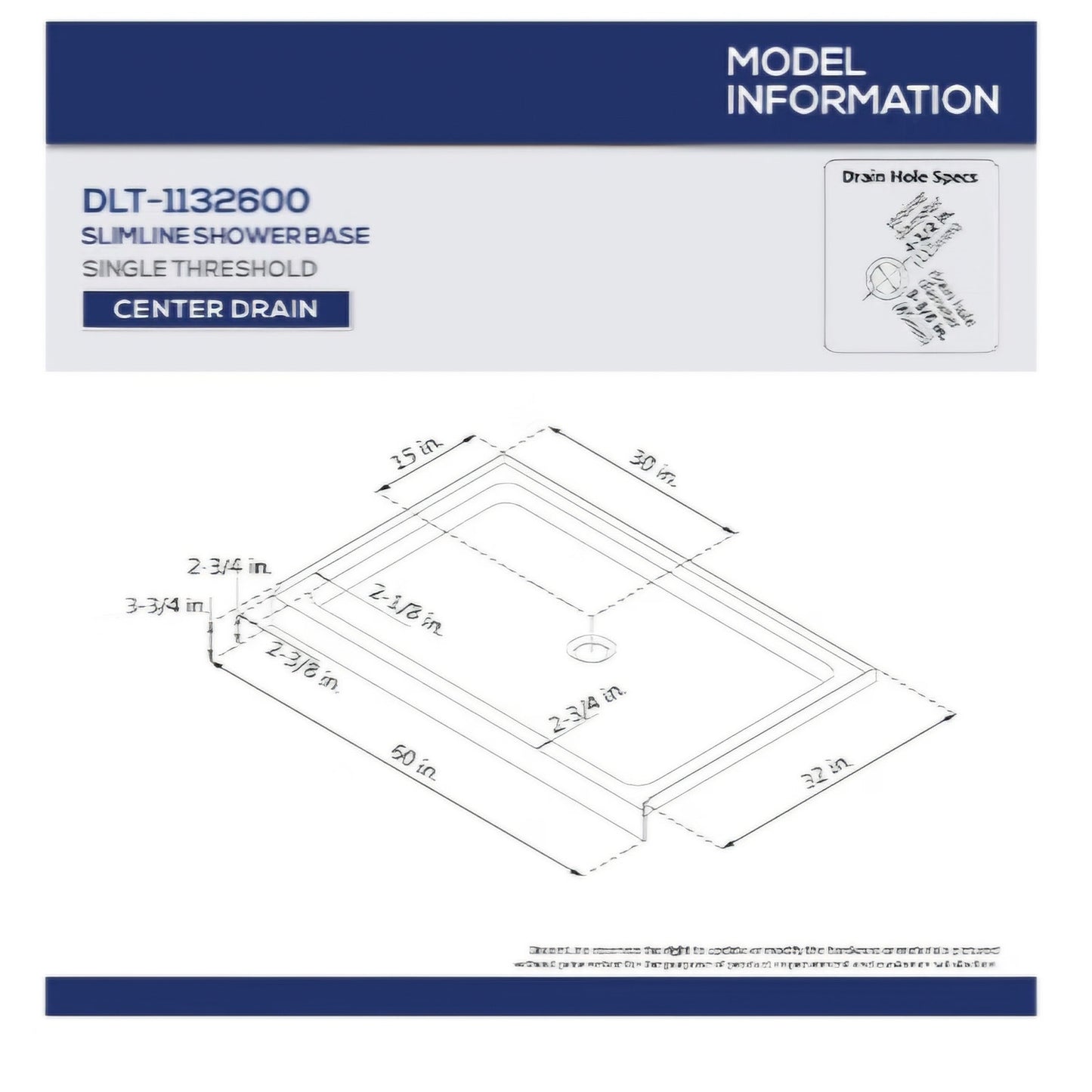 DreamLine SlimLine 32 in. D x 60 in. W x 2 3/4 in. H Center Drain Single Threshold Shower Base