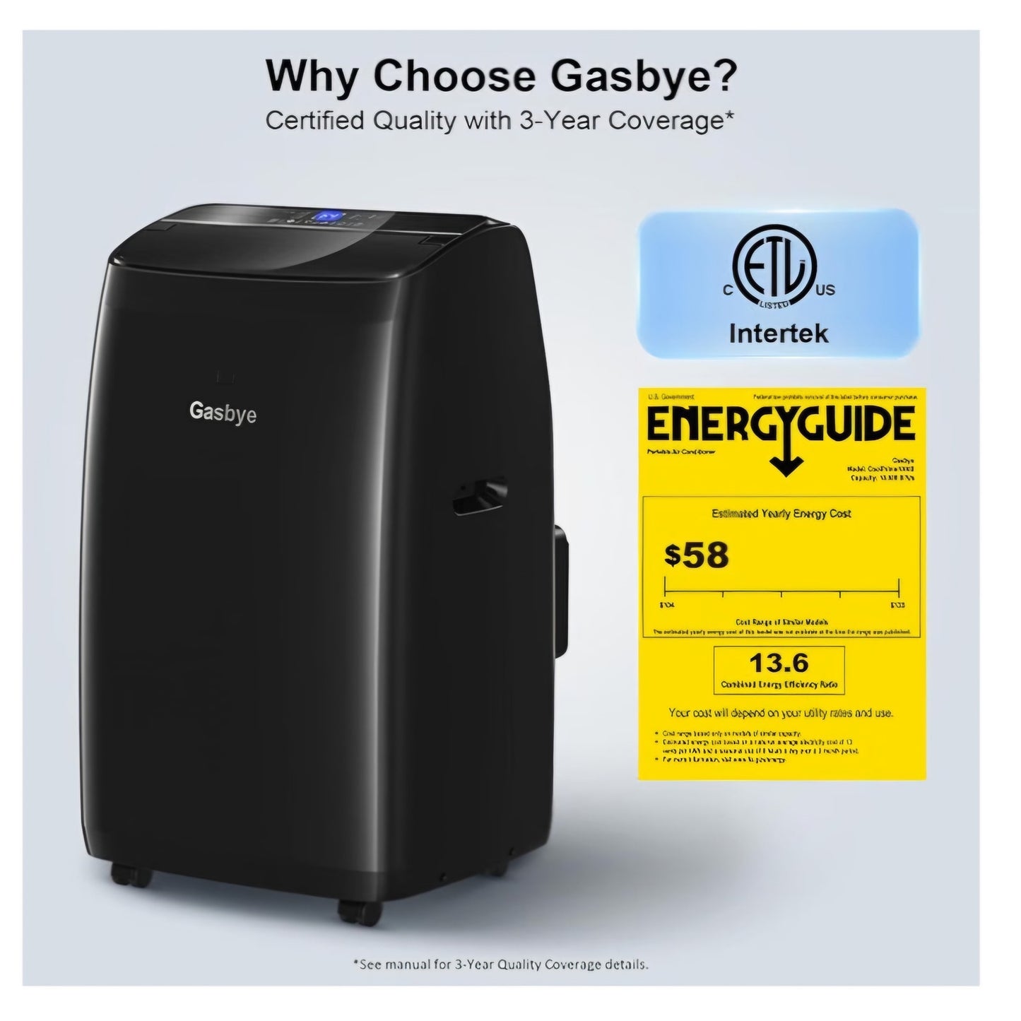 Gasbye Dual Hose Portable Air Conditioner, [2026 Upgraded] 14,000BTU, Black