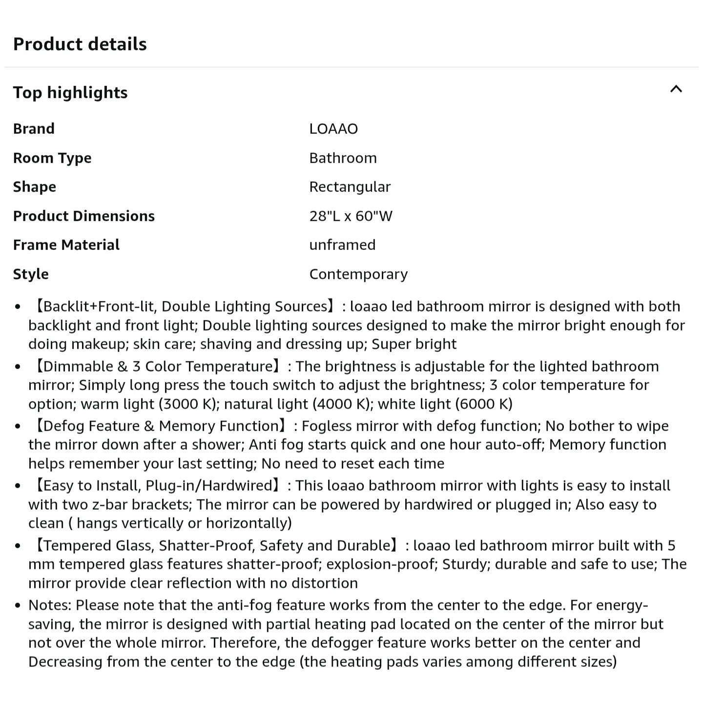 60X28 LED Bathroom Mirror with Lights, Anti-Fog, Dimmable, Backlit + Front Lit