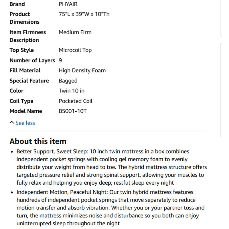 PHYAIR Twin Mattress,10 Inch Hybrid Mattress in a Box with Cooling Gel Memory Foam  Medium Firm