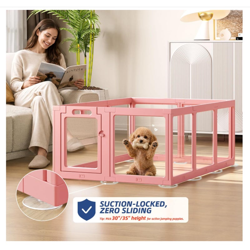 Clear Acrylic Dog Playpen Indoor Pet Pen, 24" H, Pink, 10 Panels