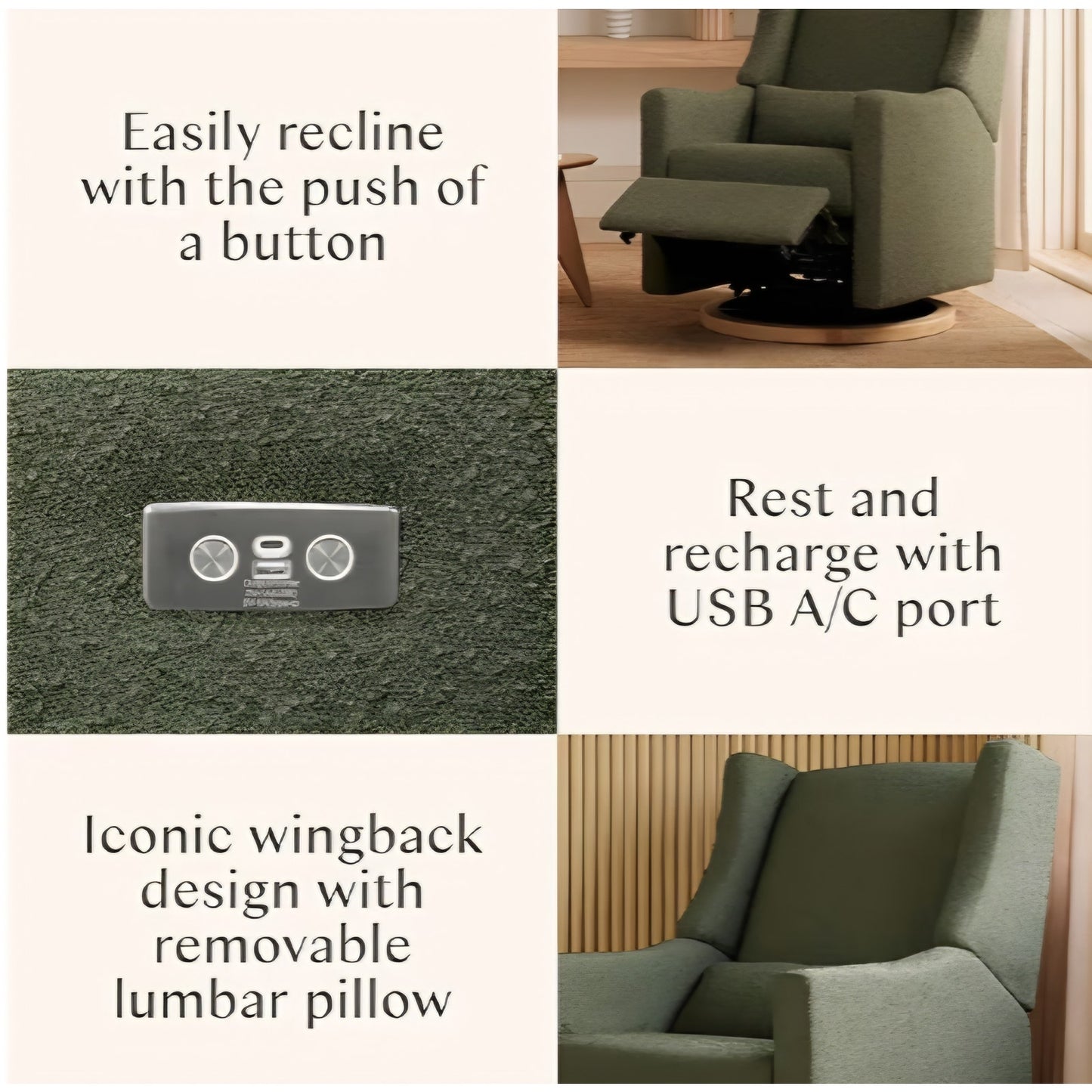 Recliner Nursery Chair w/USB Ports - GREENGUARD Gold Certified - Water & Stain 270° Swivel