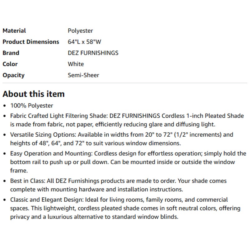 DEZ FURNISHINGS Cordless 1" Light Filtering Pleated Shade, Fabric, 58"W x 64"H, White