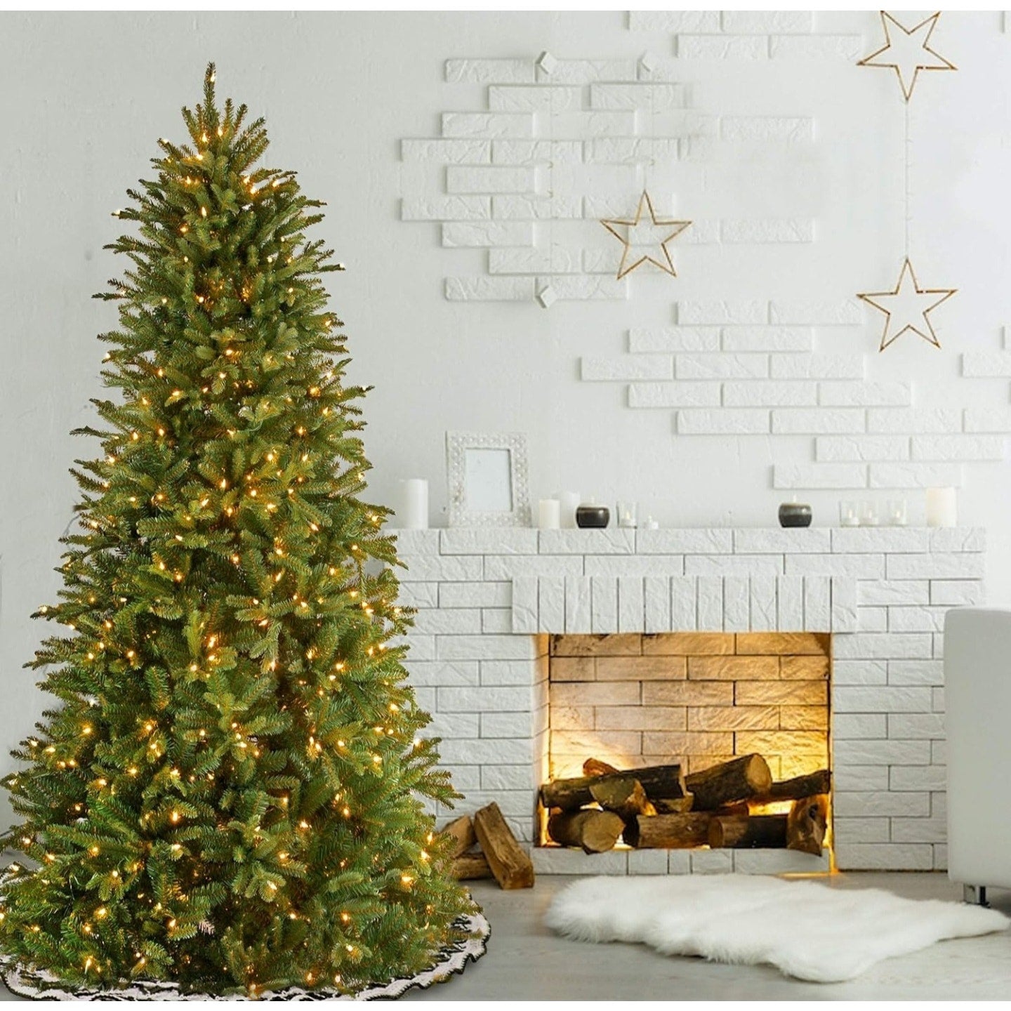 National Tree Company 7.5 ft Pre-Lit Tiffany Fir Slim Artificial Christmas Tree, 600 Clear Lights