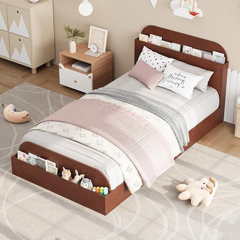 GarveeHome Twin Size Bed Frame, Wooden Beds, Storage Headboard & Raised-Foodboard for Kid, Espresso