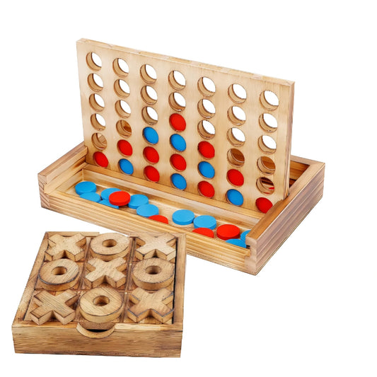 Glintoper Tic Tac Toe & 4 in a Row Table Games Set - Rustic Decor Wood Strategy Board Games