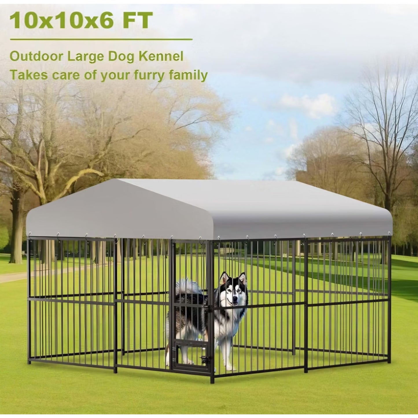 10 x 10FT Large Dog Kennel, Heavy Duty Metal Outdoor Dog Kennel, Outside Dog Playpen with Roof