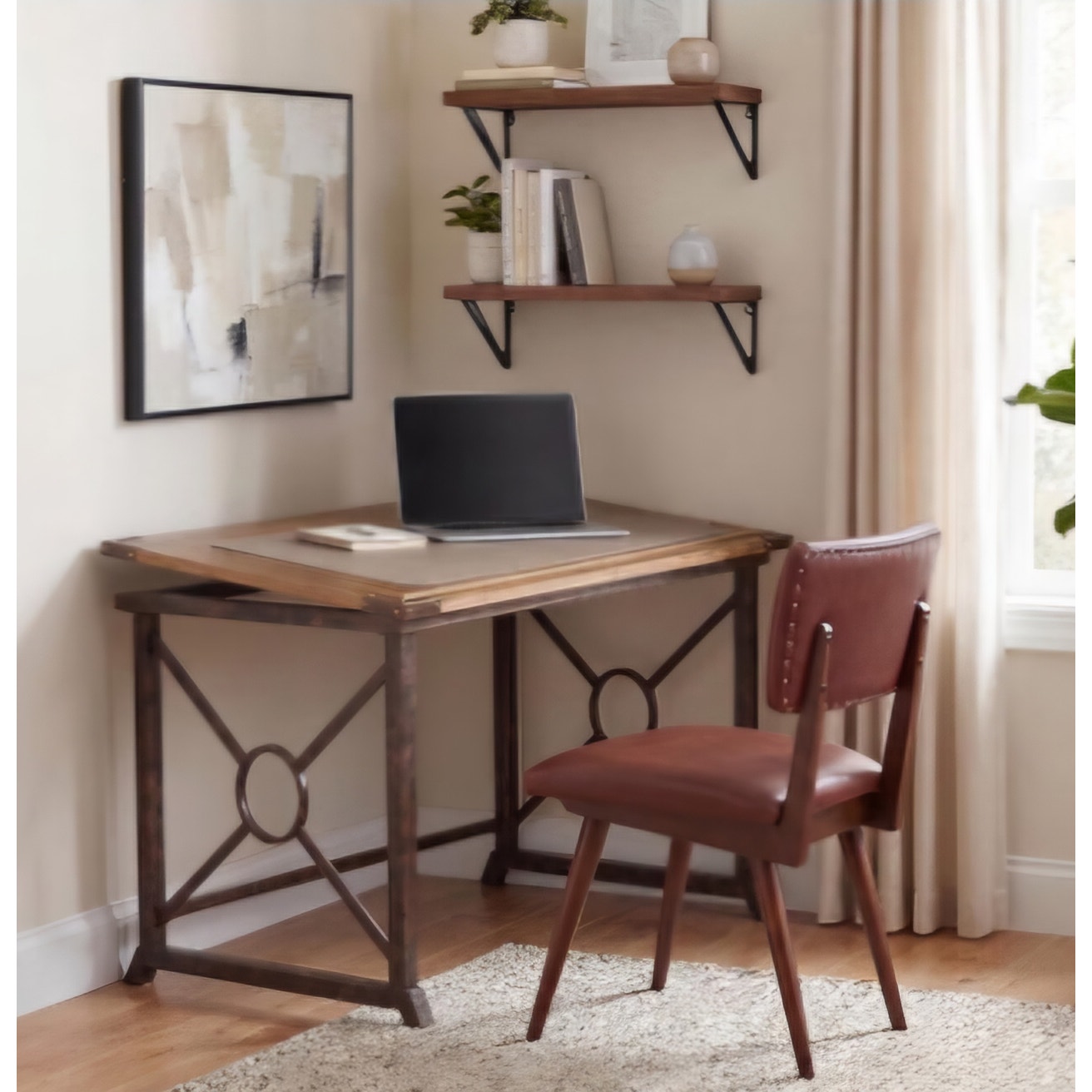SEI FURNITURE Knightley Tilt Top Drafting Table - 51.5 inch Wide - Oak Wood Finish w/ Antique Brass