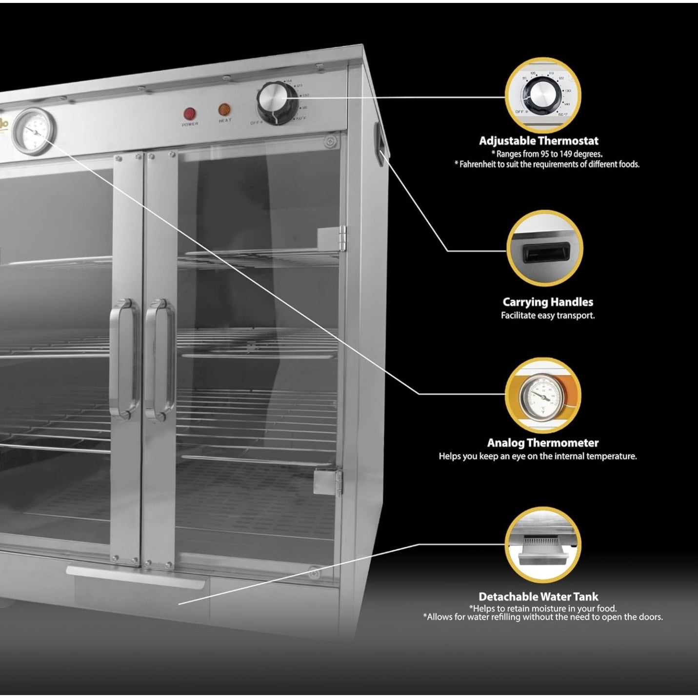 4-Shelf Electric Hot Box Food Warmer Accommodating up to (8) 16" Pizza Boxes, Countertop Heated