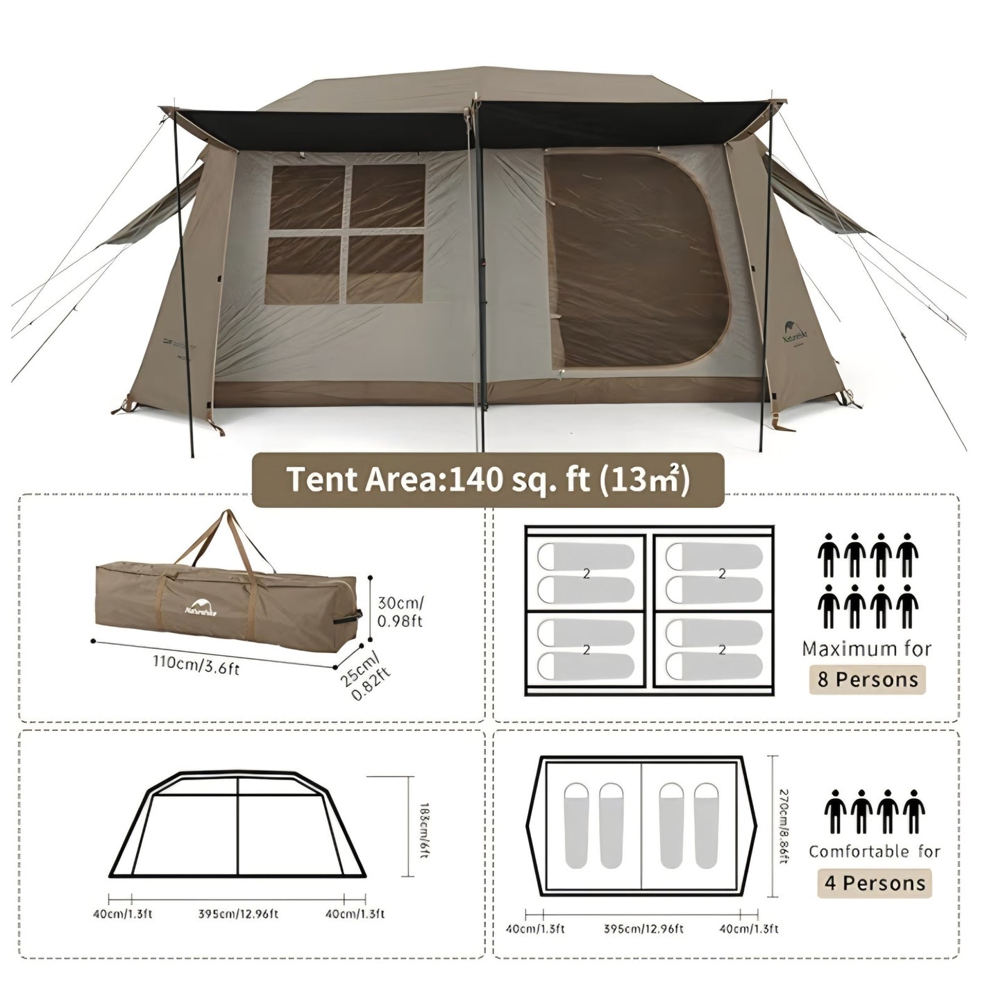 Naturehike Village Instant Tent, 4 Person 8 Person Camping Tent with Full Rainfly